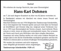 Hans-Karl Dohmen verstorben